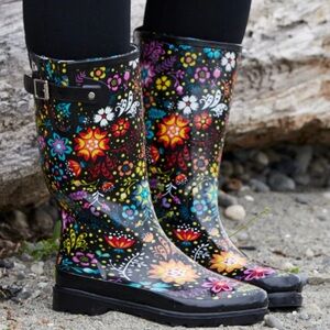 Western Chief Tall Black Floral Rain Boots